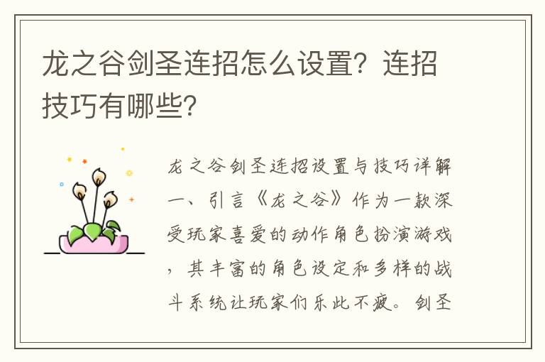 龙之谷剑圣连招怎么设置？连招技巧有哪些？