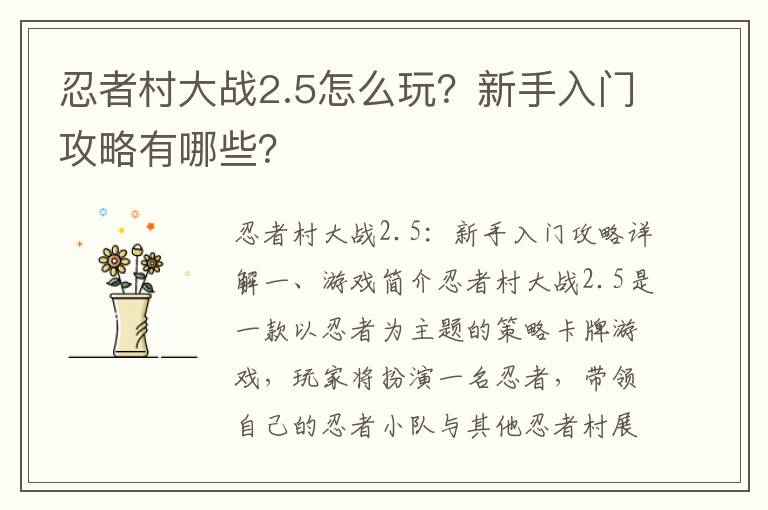 忍者村大战2.5怎么玩？新手入门攻略有哪些？